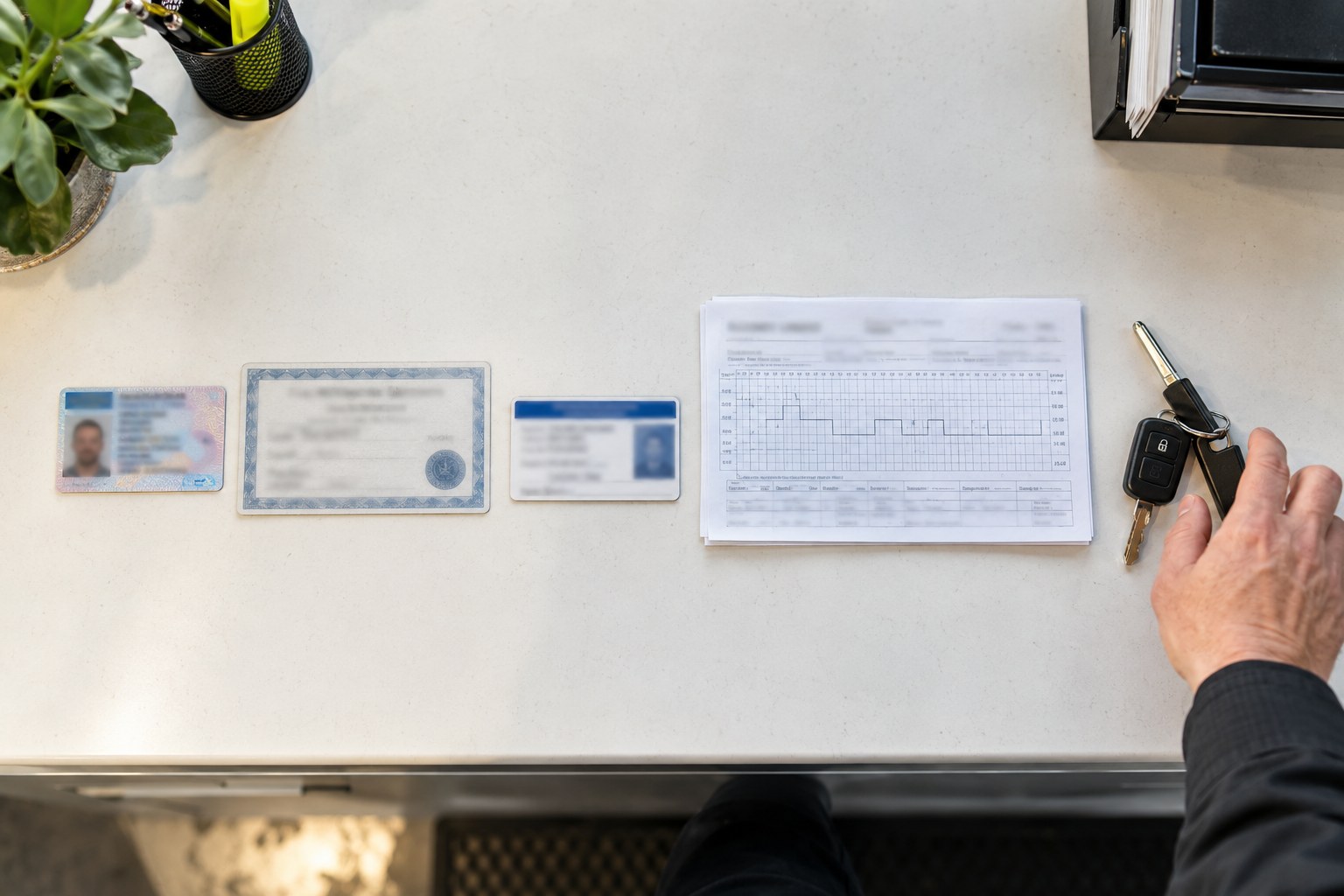 Safety manager reviewing a driver's CDL and endorsements at a bright office counter, the driver in a hi-vis vest waiting