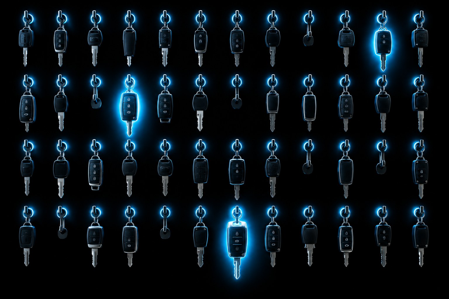 Dark dispatch operations room with a wide wall display on black showing a roster grid of small cyan rings, one large readiness ring and a route timeline, a window showing trucks in daylight