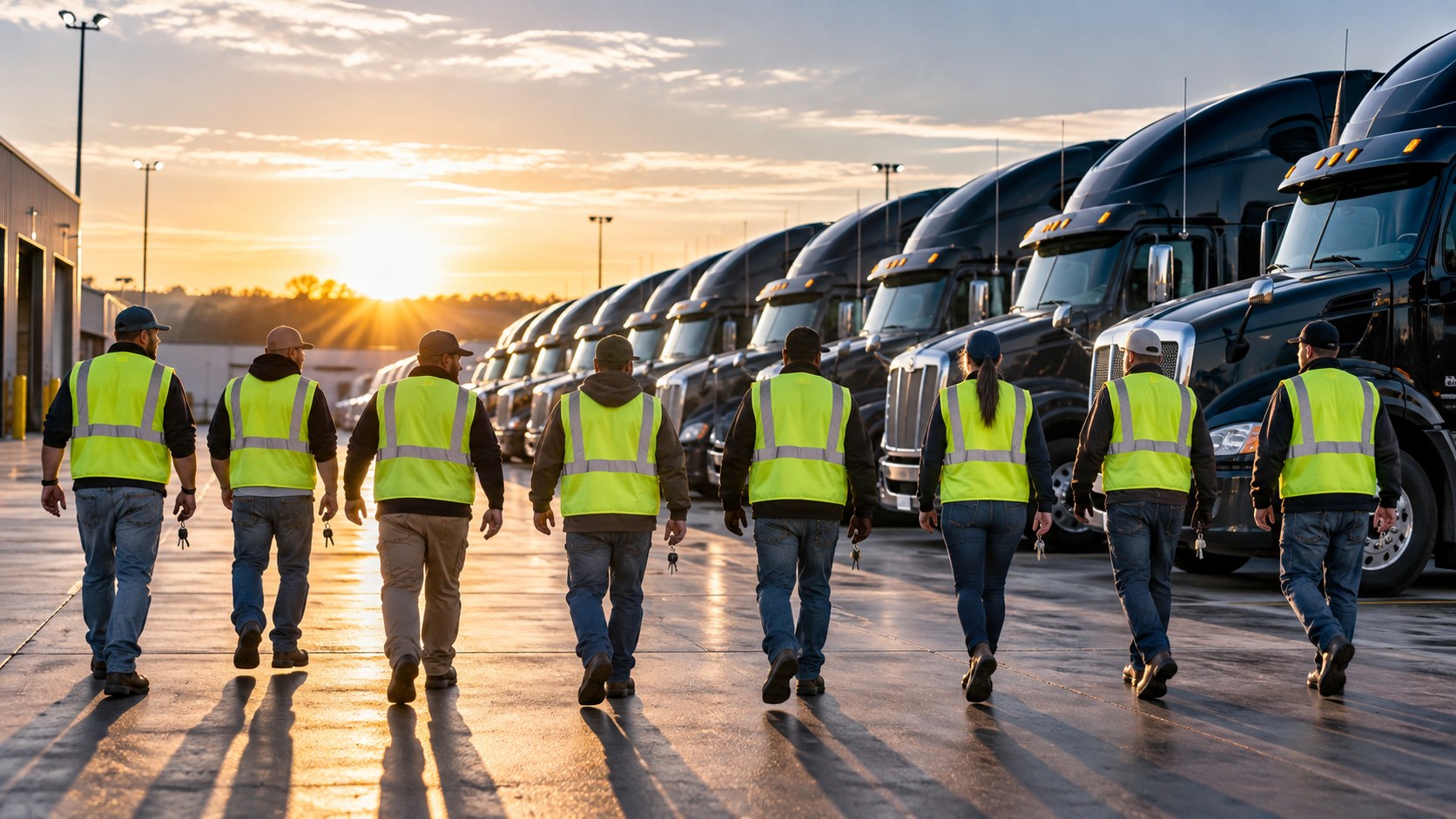 Wide view of a bright terminal yard with six drivers in hi-vis vests walking toward their black tractors at the start of a shift