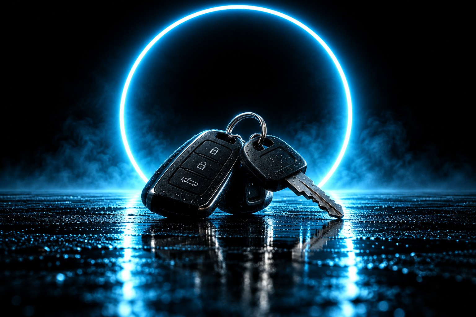 X3 Workforce: a black tractor under a ring of cyan light on a wet black floor