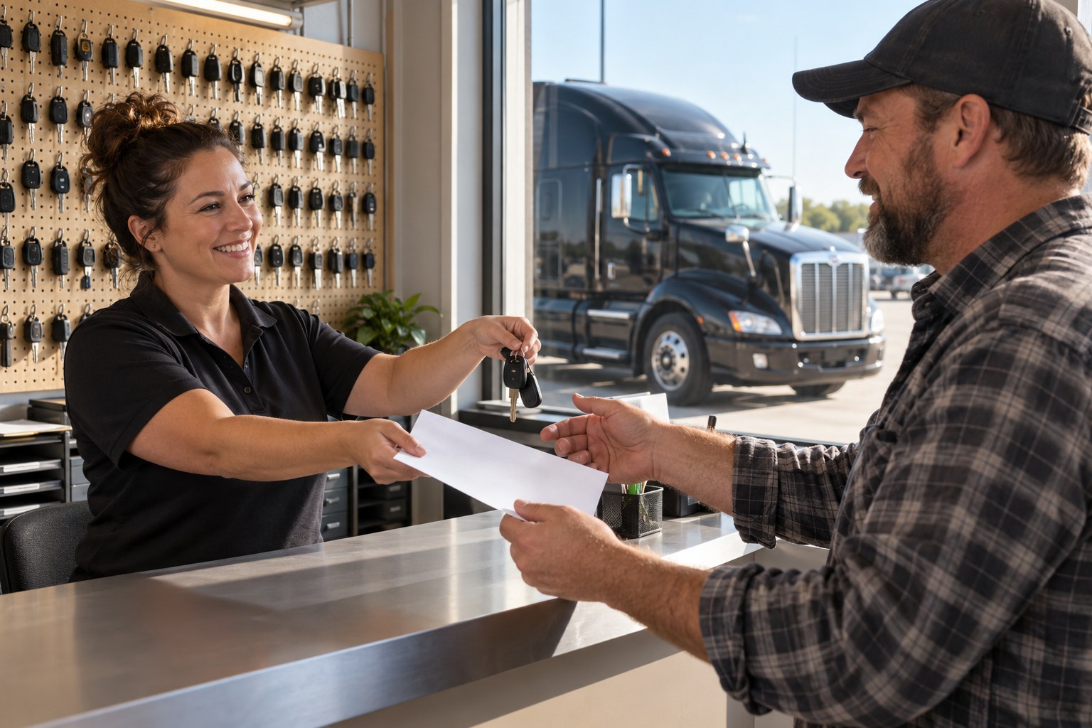 Dispatcher handing a driver his keys and a printed load sheet at a bright counter, both smiling, his tractor through the window