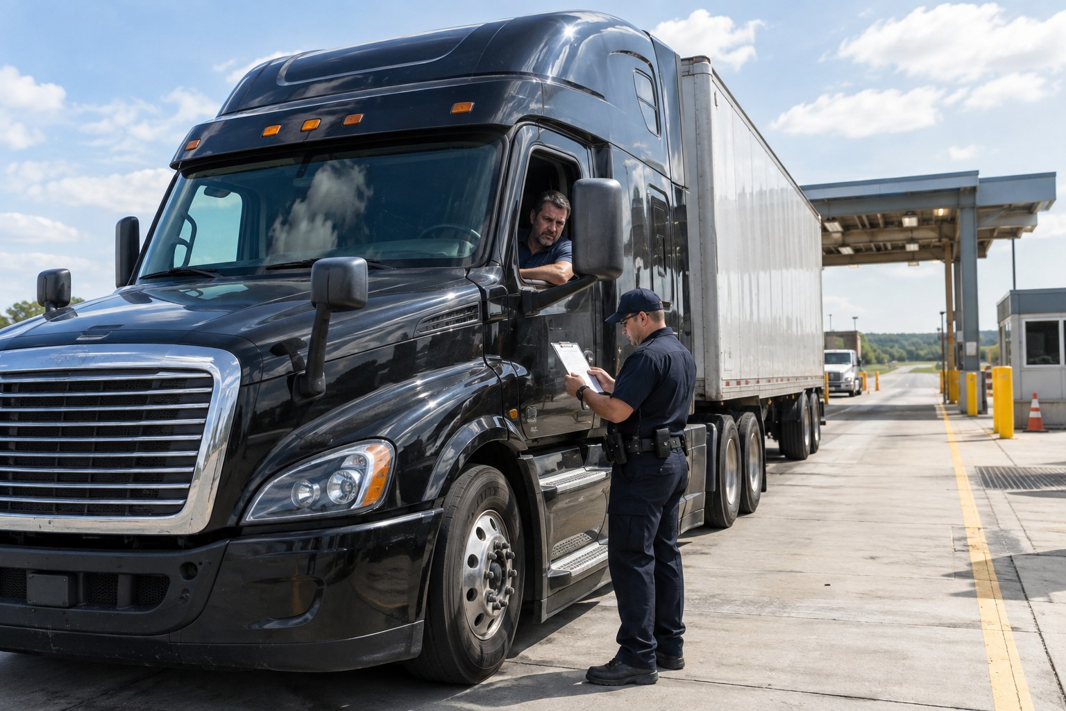 Driver standing at a bright roadside inspection station handing documents to an officer while his tractor-trailer waits, a scuffed medical card visible in his hand