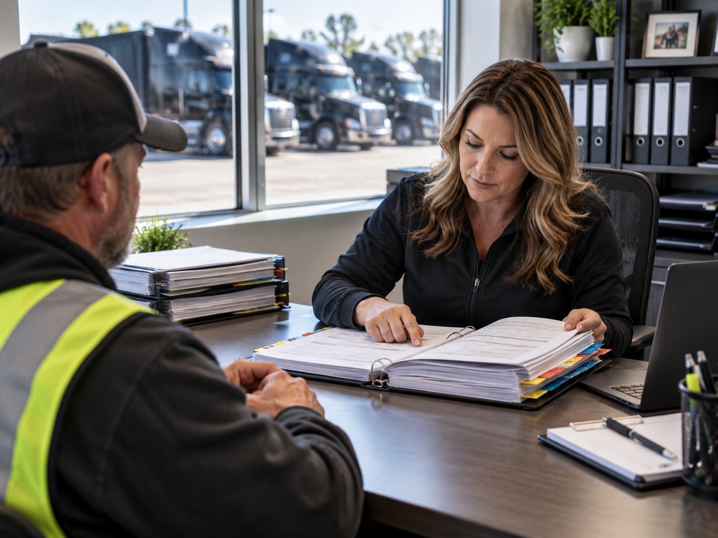 Dispatcher and safety manager at a bright office table reviewing a driver's file together, a tablet between them, trucks through the window